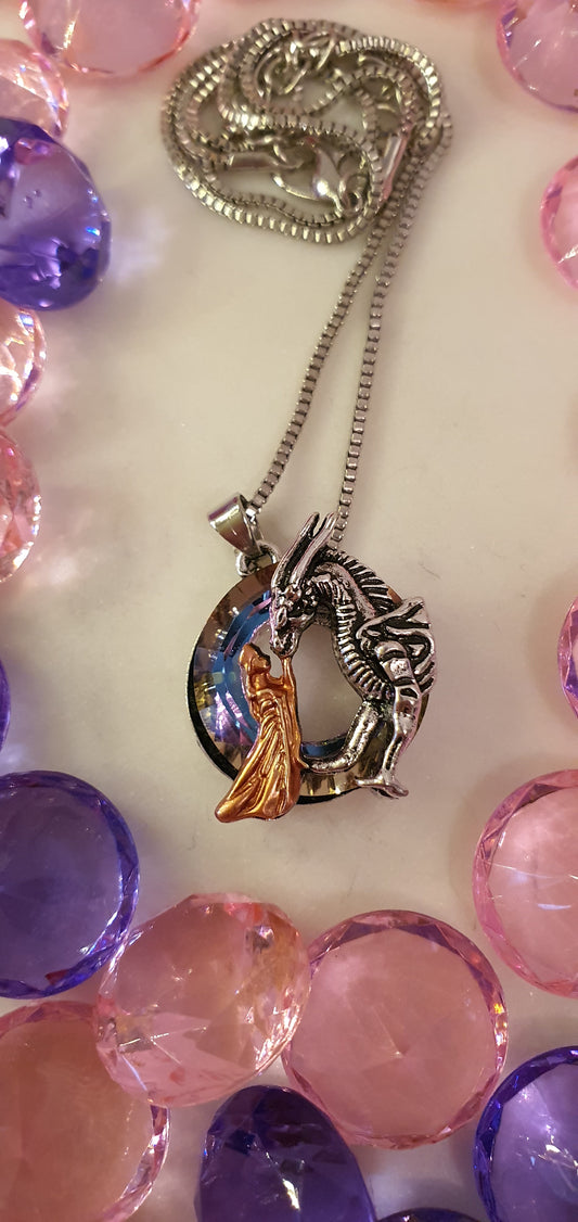 Stylish Bling Silver Maiden & Dragon Iridescent Necklace